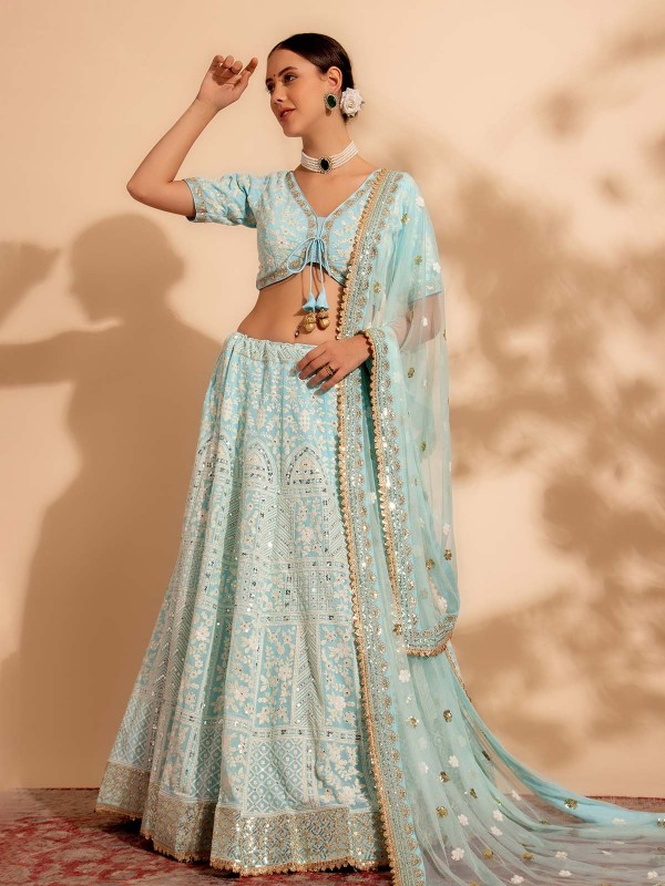 Sky Blue Pure Georgette Readymade Lehenga Choli